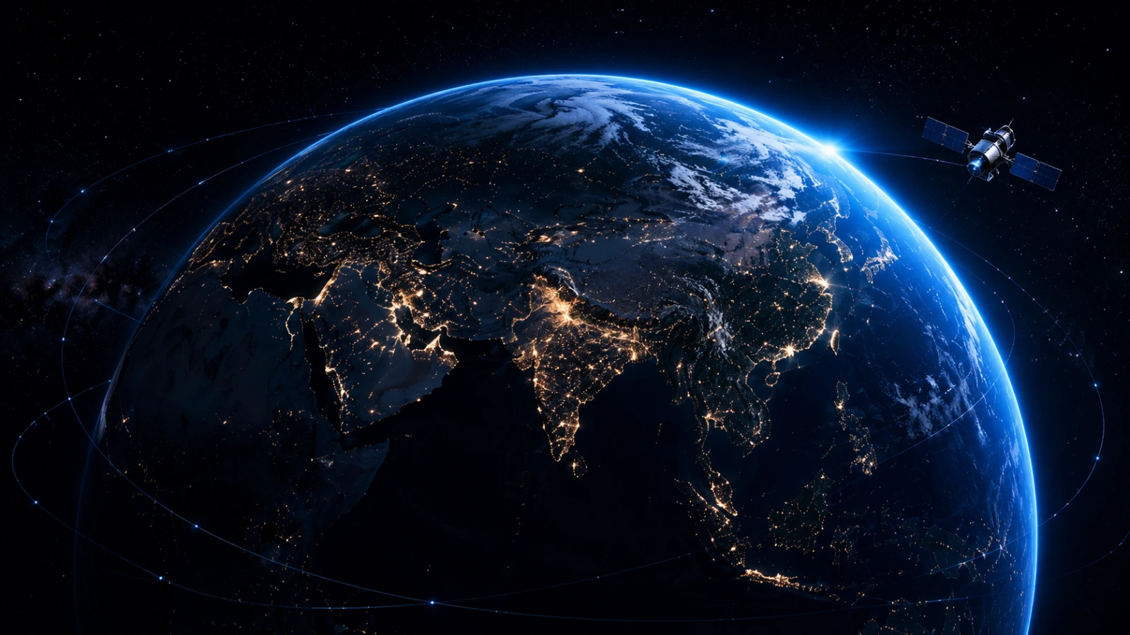 Earth at night showing satellite-derived geospatial intelligence and illuminated cities across Asia